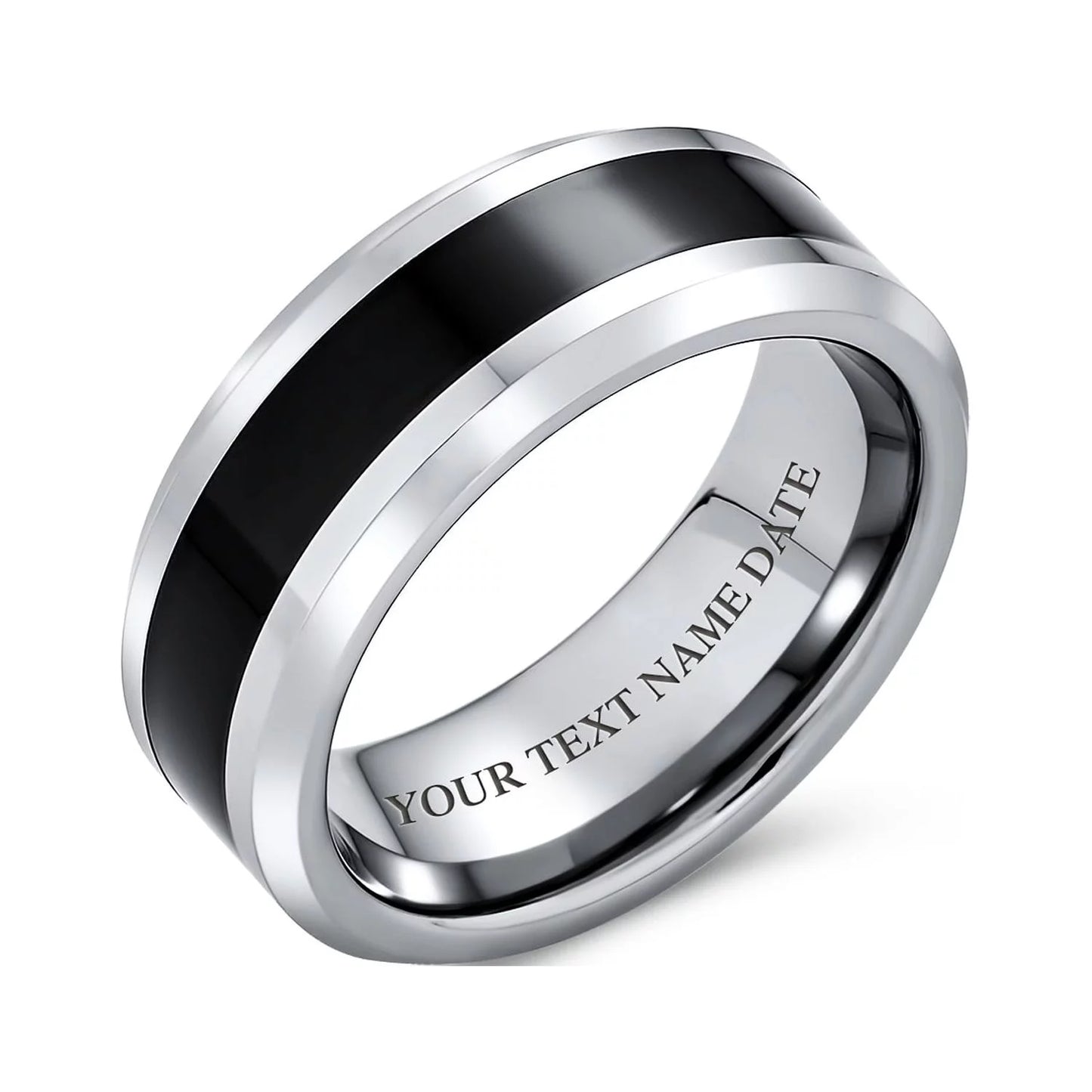 Mens Simple Two Tone Tungsten Wedding Band: Black Center Silver Beveled Edge Men'S Ring