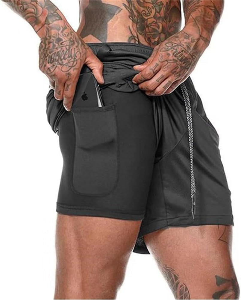 Men’S 2 in 1 Running Shorts with Pockets Quick Dry Breathable Active Gym Workout Shorts