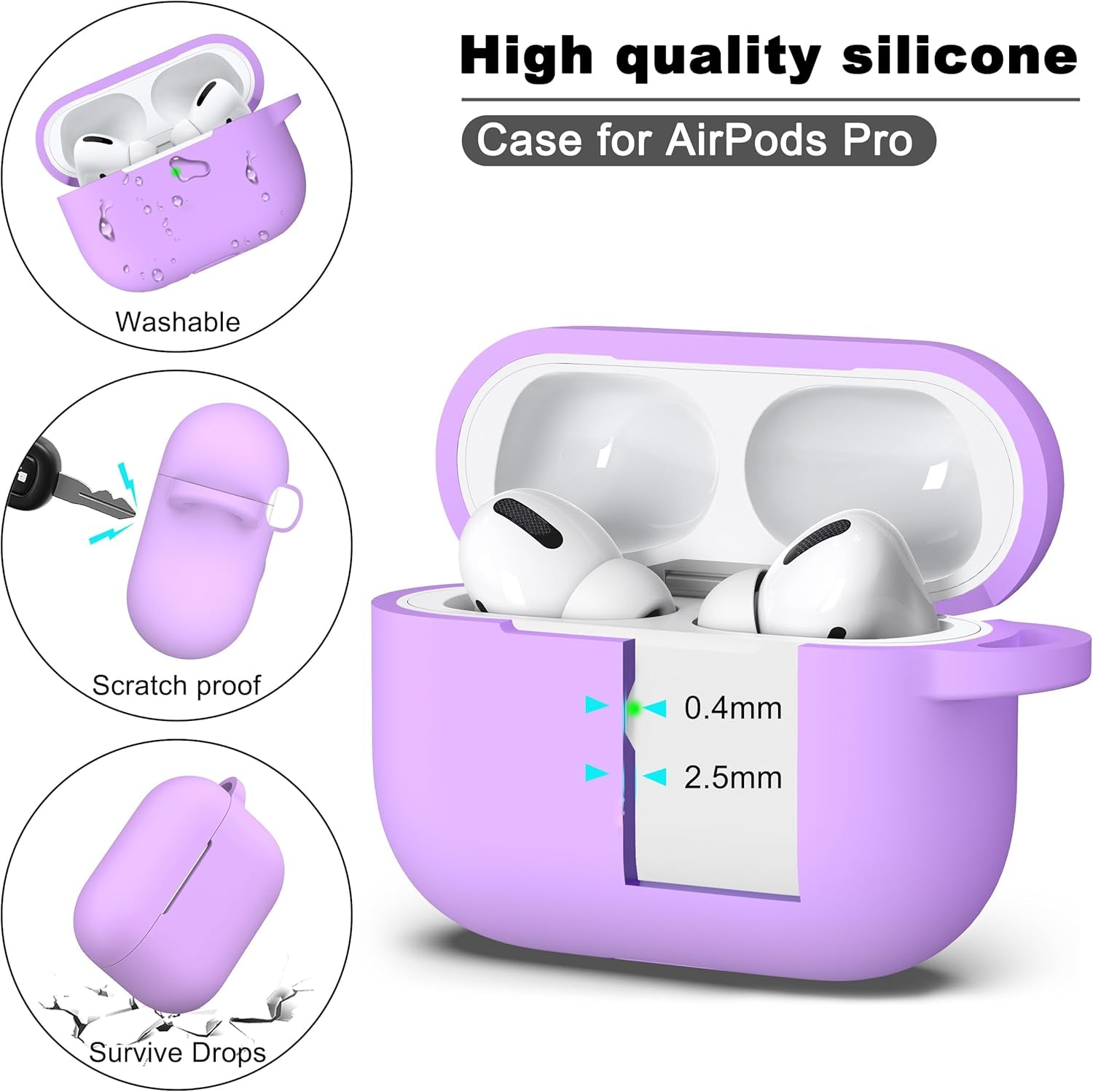 for Airpods Pro 2Nd/1St Generation Case with Cleaner Kit,Soft Silicone Protective Case Cover for Apple Airpod Pro 2/1 for Women Men,Airpods Pro Case Accessories with Keychain,Lavender