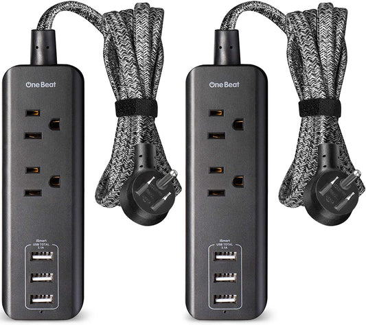 2 Pack Power Strip with USB, 2 Outlets and 3 USB Ports(3.1A, 15W) Travel Power Strip, Desktop Charging Station with 5 Ft Braided Extension Cord, Flat Plug for Cruise, Home and Office, ETL Listed