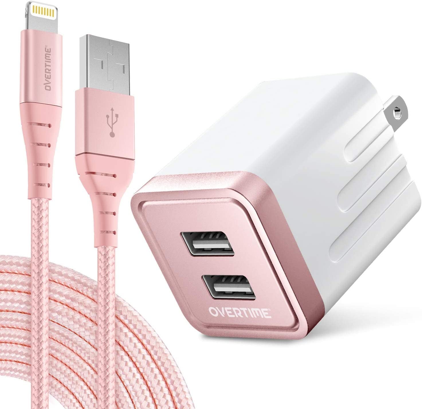 Iphone Charger Set, Apple Mfi Certified Lightning Cable with Dual USB Wall Adapter 2.4 AMP Compatible W/Iphone 11 Pro Max XS XR X 8 7 6S 6 plus SE Airpods Ipad (Rose Gold/Rose Gold, 10Ft)