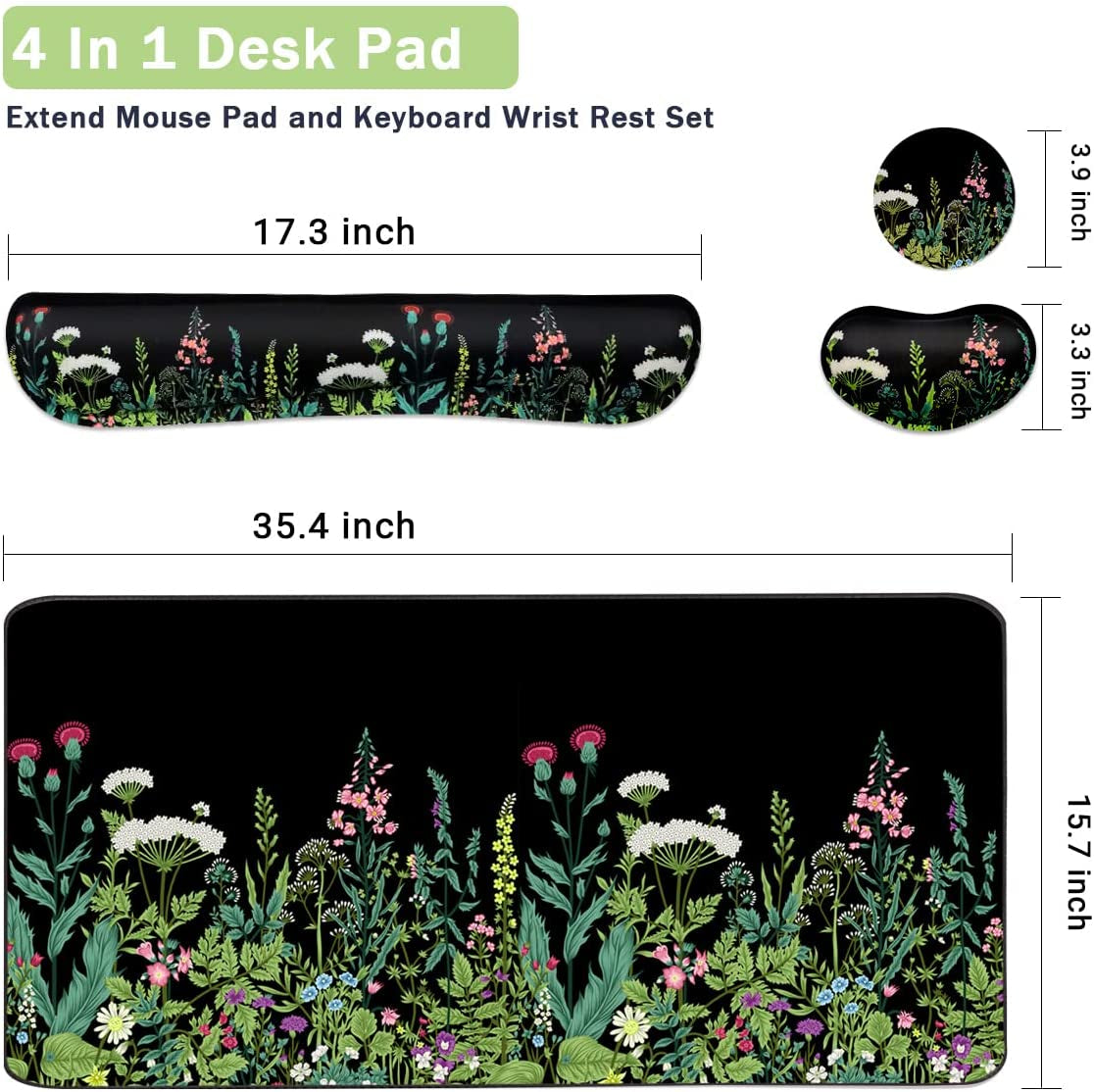 Keyboard Mouse Pad Set, Extended Mouse Pad+Keyboard Wrist Rest Support, Memory Foam Ergonomic Easy Typing, 3Pcs (35.4×15.7 In) Desk Pad Set for Home Office Study Game - Weeds