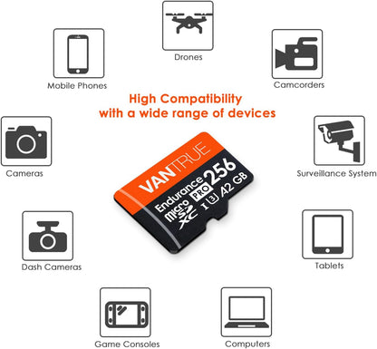 256GB Microsdxc UHS-I U3 4K UHD Video High Speed Transfer Monitoring SD Card with Adapter for Dash Cams, Body Cams, Action Camera, Surveillance & Security Cams