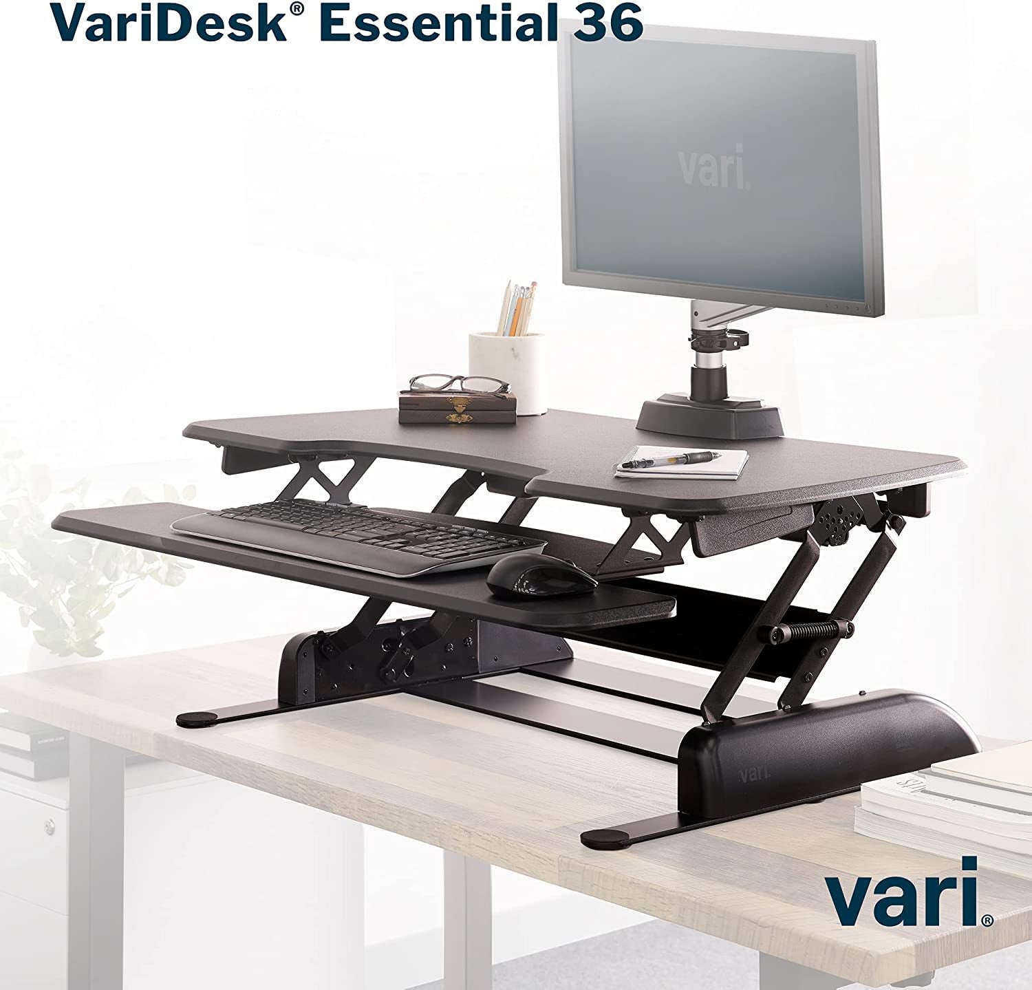 - desk Essential 36 - Two-Tier Standing Desk Converter for Monitor & Accessories - Height Adjustable Sit Stand Desk - Fully Assembled Monitor Riser for Home Office - 36" Wide, Black