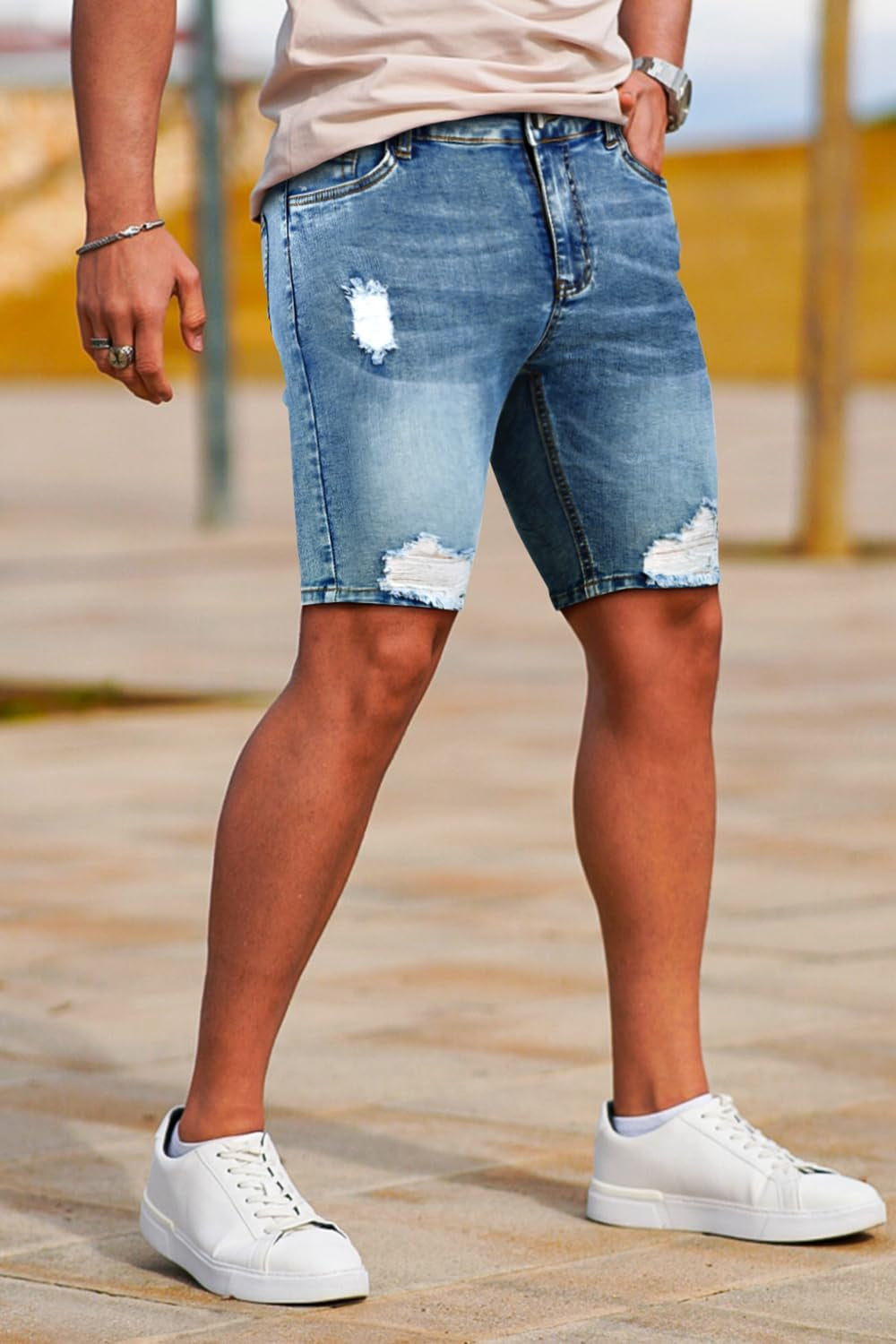 Men'S Jean Shorts Ripped Slim Fit Stretch Denim Shorts