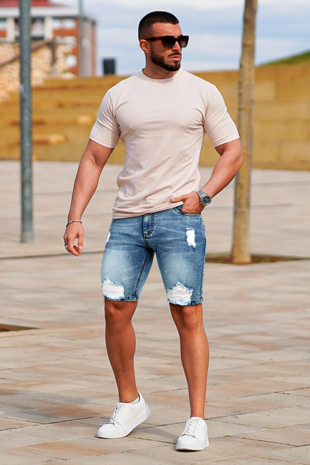 Men'S Jean Shorts Ripped Slim Fit Stretch Denim Shorts